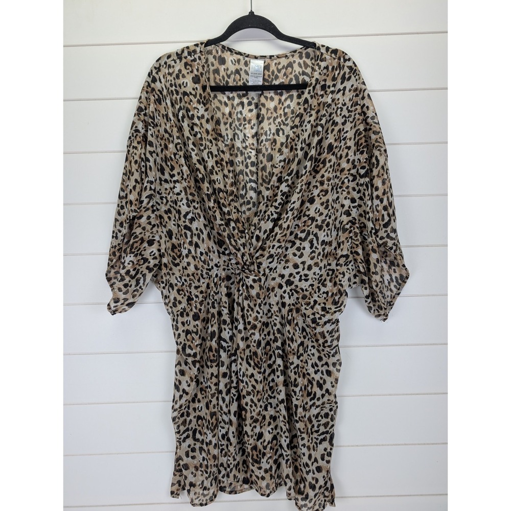 Women's Plus Size Leopard Print Swim Cover 3X Sheer Drapey Resort Beach Vacation